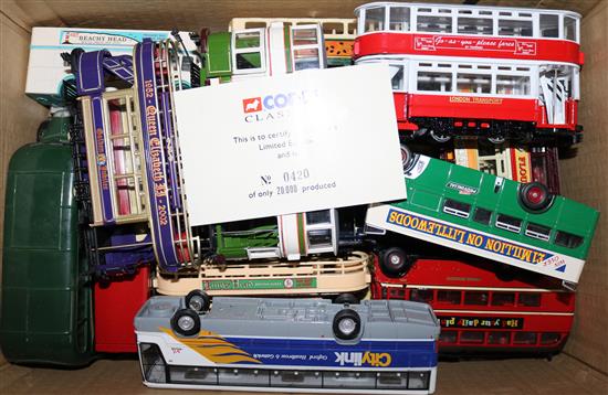 A collection of toy trams and buses